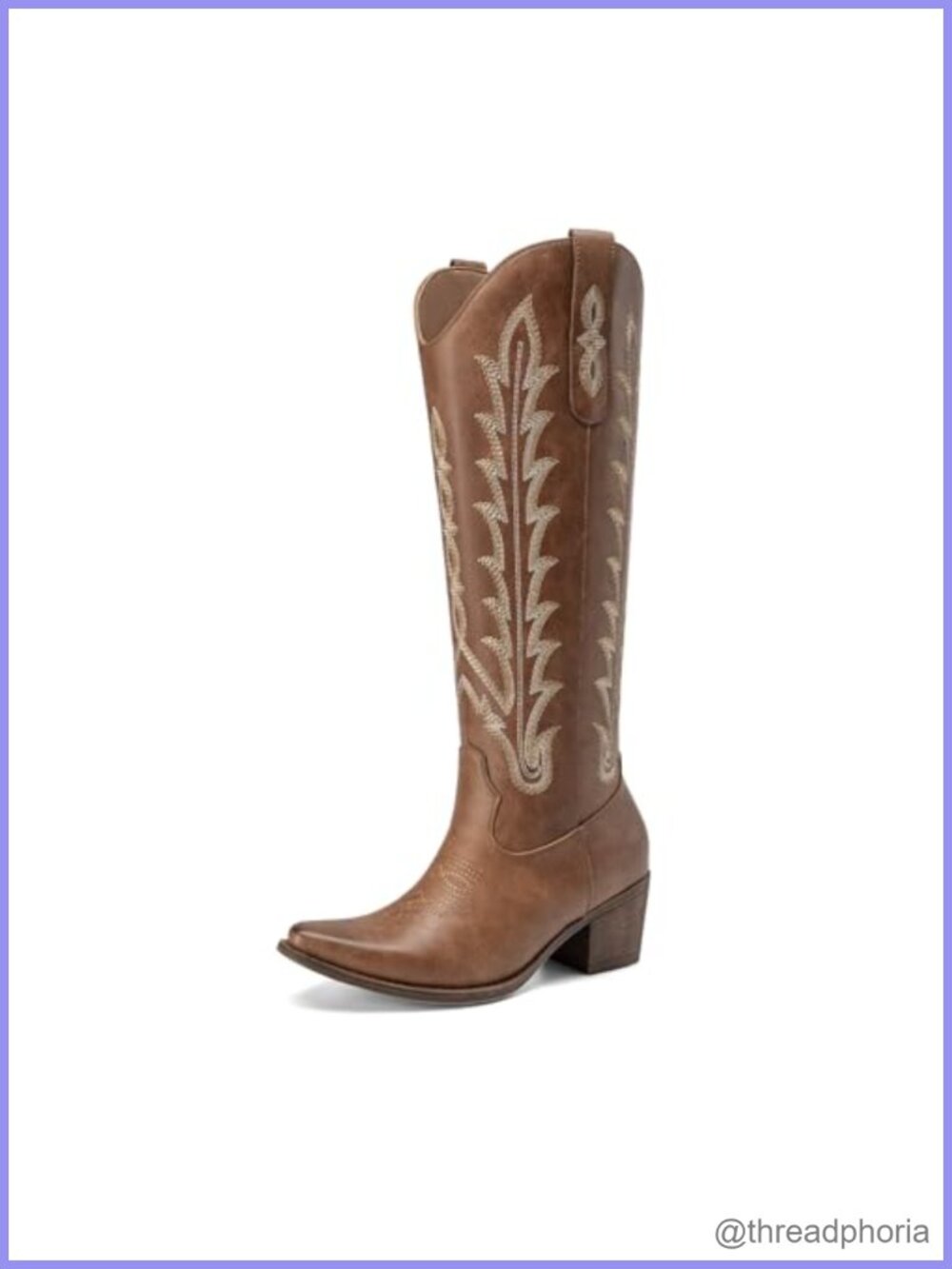 Faux Leather Cowboy Boots Women Knee High Western Square Toe Block Heel